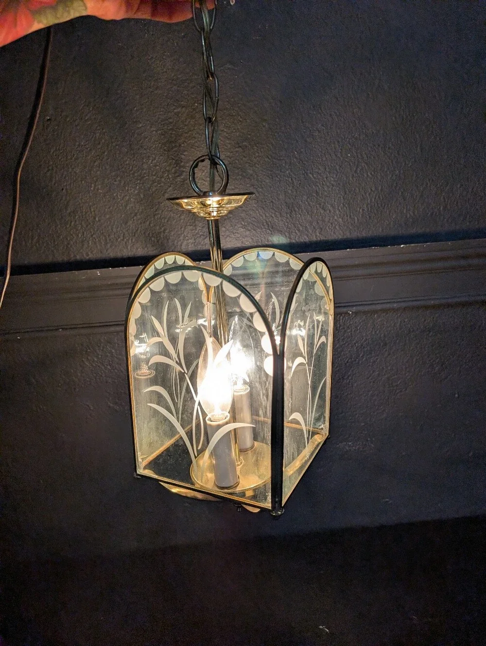 Vintage 1960s Polished Gold Metal Clear Etched Glass Chandelier Pendant Light La